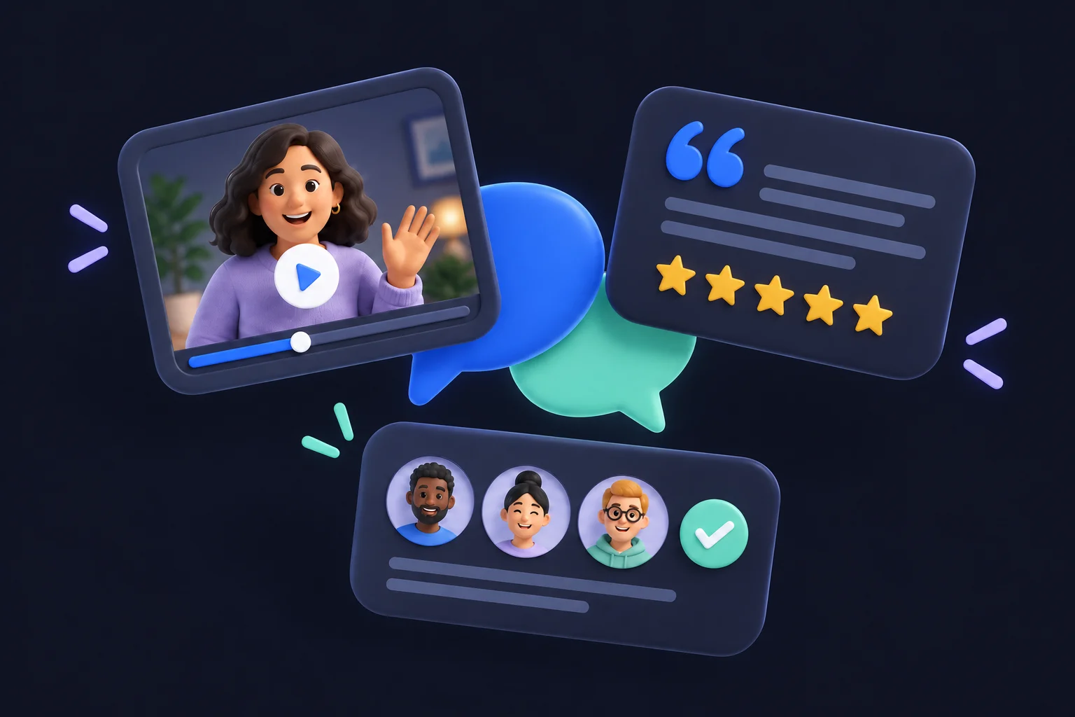 Illustration of text reviews, star ratings, and video testimonials