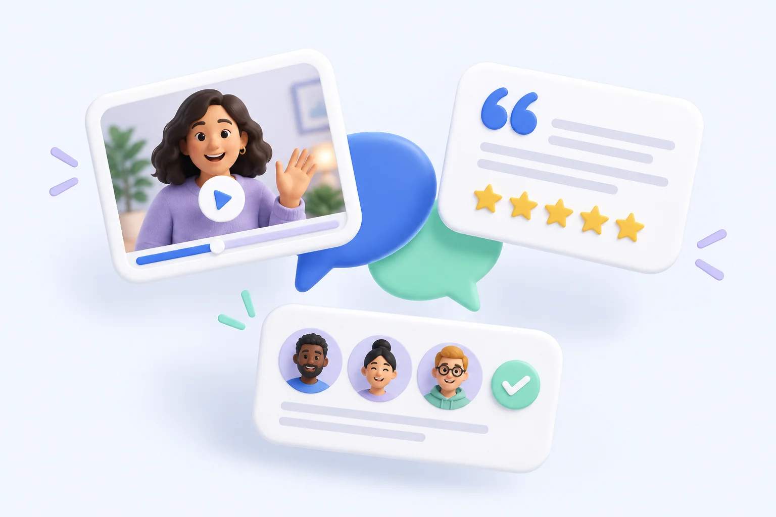 Illustration of text reviews, star ratings, and video testimonials